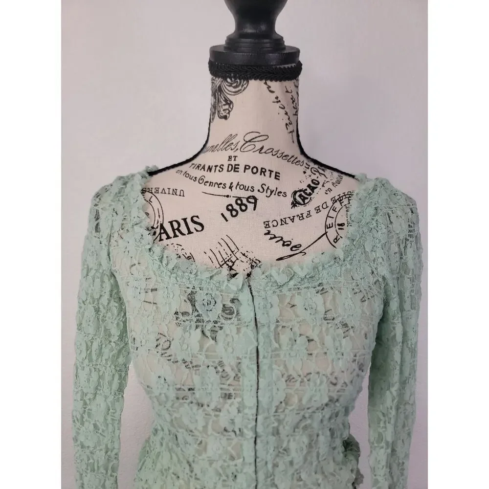 Free People FP One Madison Top Sz S Smocked Lace Sheer Hook-Front Bell Sleeve